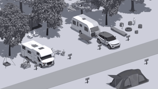 Grafische animatie van een caravan die achteruitrijdt met een achteruitrijcamera